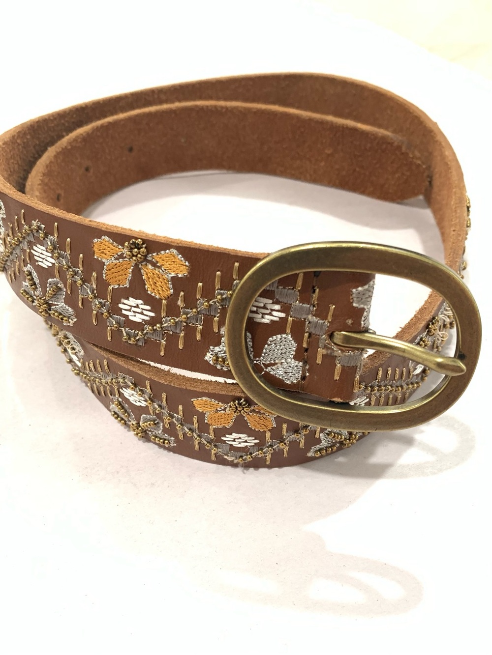 Lucky Brand embroidered leather belt floral stitched boho western cottagecore